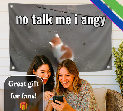 3x5 Feet Cat Meme Single Sided Flag with Quote "No Talk Me I Angy" with Four Brass Grommets - Funny Animals Banner for Wall Decoration