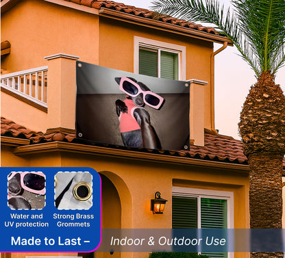 3x5 Feet Funny Flag with Small Dog in Rose Coloured Glasses Taking Selfie with Four Brass Grommets - Single Sided Meme Flag for College Dorm