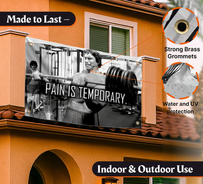 3x5 Ft Schwarzenegger Polyester Flag with 4 Grommets - Pain is Temporary Motivational Gym Single Sided Flags - Inspire Your Workout Banner