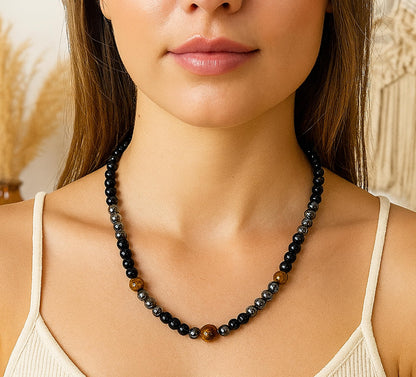 Triple Protection Necklace With Genuine Stone Tiger Eye Black Obsidian and Hematite - Bad Energy Protection Beads Crystal Necklace for Men and Women