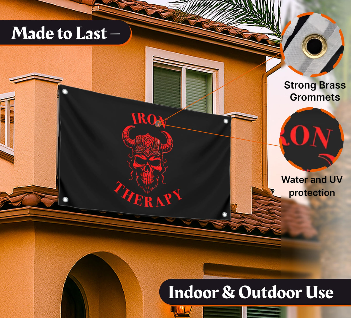 3x5 Feet Large Wall Flag With Quote "Iron Therapy" with Four Brass Grommets - Skull Gym Tapestry or Home Gym Decor - Inspirational Home Leadership