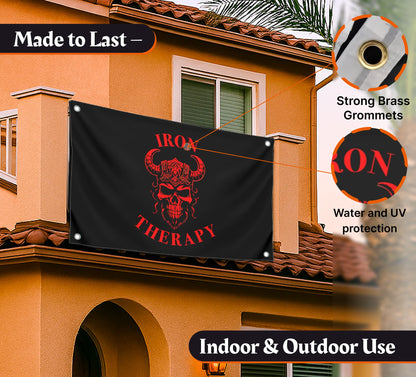 3x5 Feet Large Wall Flag With Quote "Iron Therapy" with Four Brass Grommets - Skull Gym Tapestry or Home Gym Decor - Inspirational Home Leadership