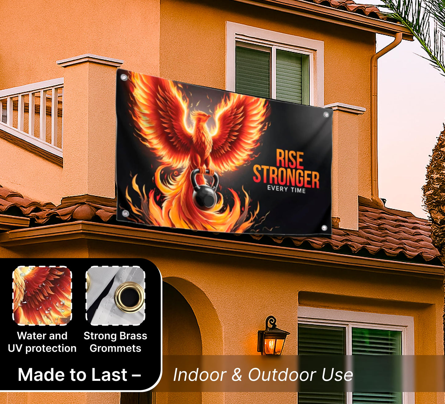 3x5 Feet Motivation Phoenix Quoted Flag "Rise Stronger Every Time" with Four Brass Grommets - Polyester Birds Yard Outdoor or Indoor Banner
