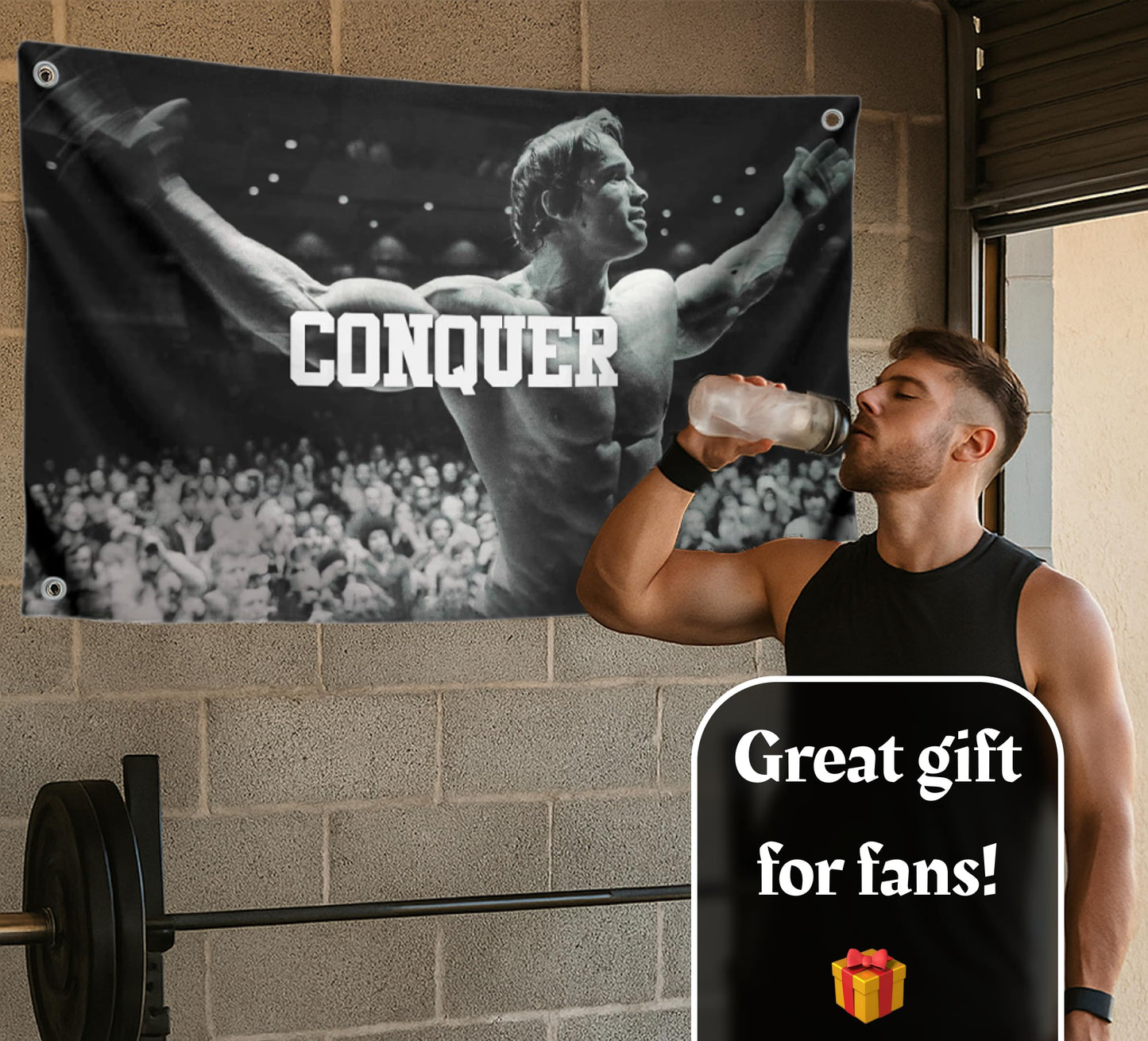 Conquer Single Sided Flag for Schwarzenegger 3x5 Ft Polyester Banner with Four Grommets - Funny Gym Motive Poster and Fitness - Arnold Durable Man