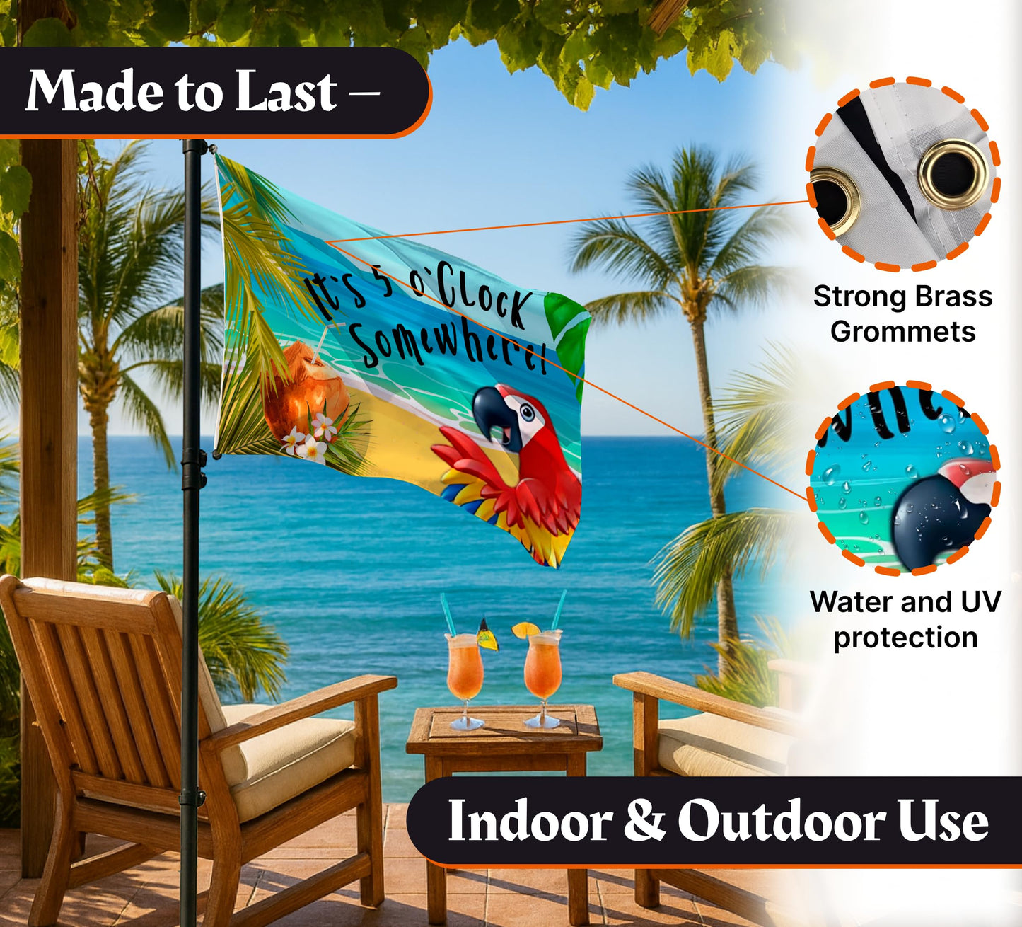 12x18 Inches It's 5 o'Clock Somewhere Polyester Flag - Double Sided Five O'clock Flags with Two Brass Grommets - Tropical Summer Beach Drinking
