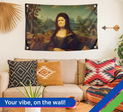 3x5 Ft Polyester Flag with 4 Brass Grommets - Mona Lisa Parody with Round Face - Art Meme Flags - Funny Decoration Poster for Home