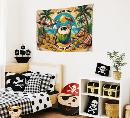 3x5 Feet Single Sided Flag with 4 Brass Grommets - Island Dream Flag - Sun and Ocean View - Quote on the Poster "Island Time All Day Long"