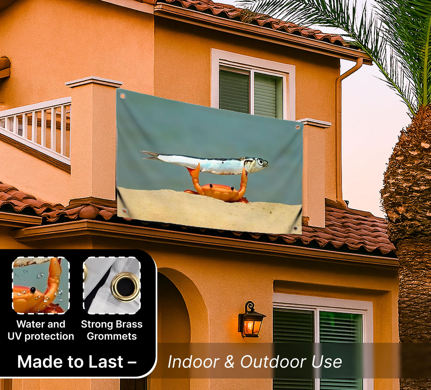 3x5 Feet Meme Flag with Сrab Holds Fish with Four Brass Grommets - Single Sided Cool Funny Tapestry for Bedroom Decor Man Cave Style