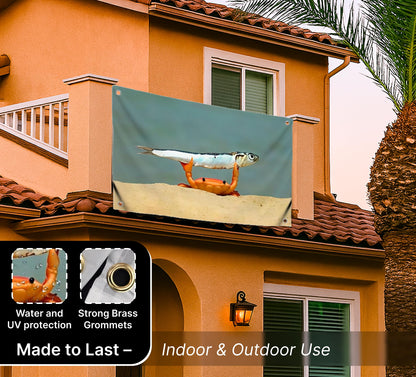 3x5 Feet Meme Flag with Сrab Holds Fish with Four Brass Grommets - Single Sided Cool Funny Tapestry for Bedroom Decor Man Cave Style