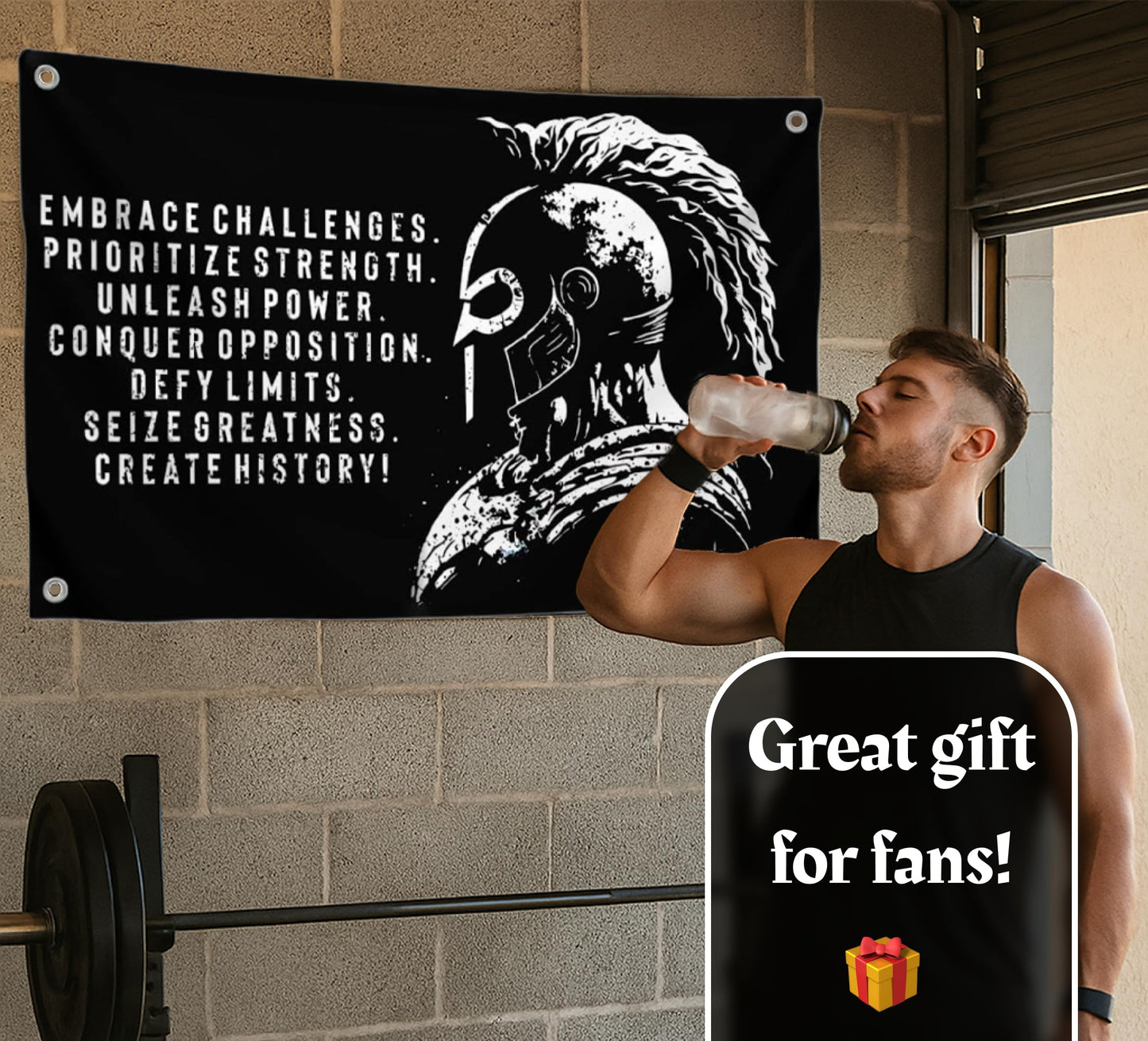 3x5 Ft Embrace Challenges Single Sided Banner with 4 Grommets - Large Motiv Quote Wall Polyester Flag for Home Gym Decor - Wall Flag with Gladiator