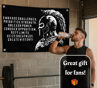 3x5 Ft Embrace Challenges Single Sided Banner with 4 Grommets - Large Motiv Quote Wall Polyester Flag for Home Gym Decor - Wall Flag with Gladiator
