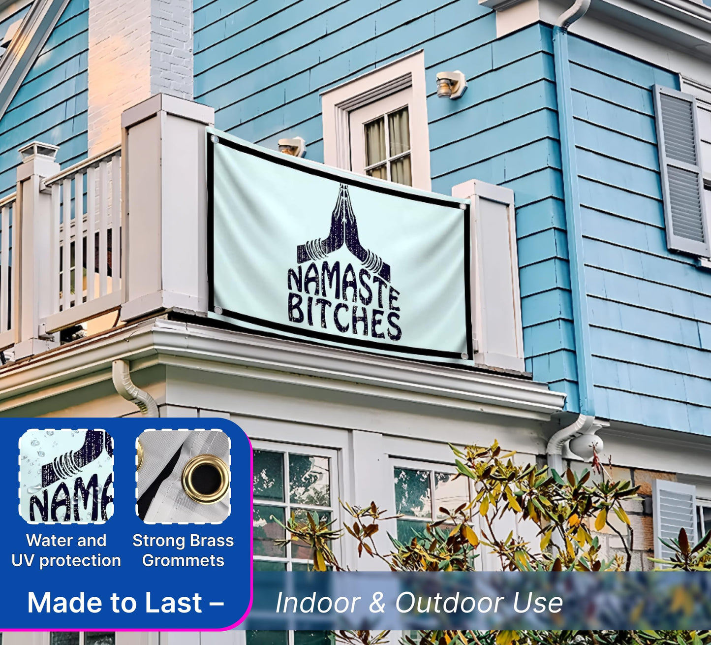 3x5 Feet Humorous Quote Flag "Namaste Bitches" with Four Brass Grommets - Handwritten Decorative Drawn Symbols Yard Outdoor