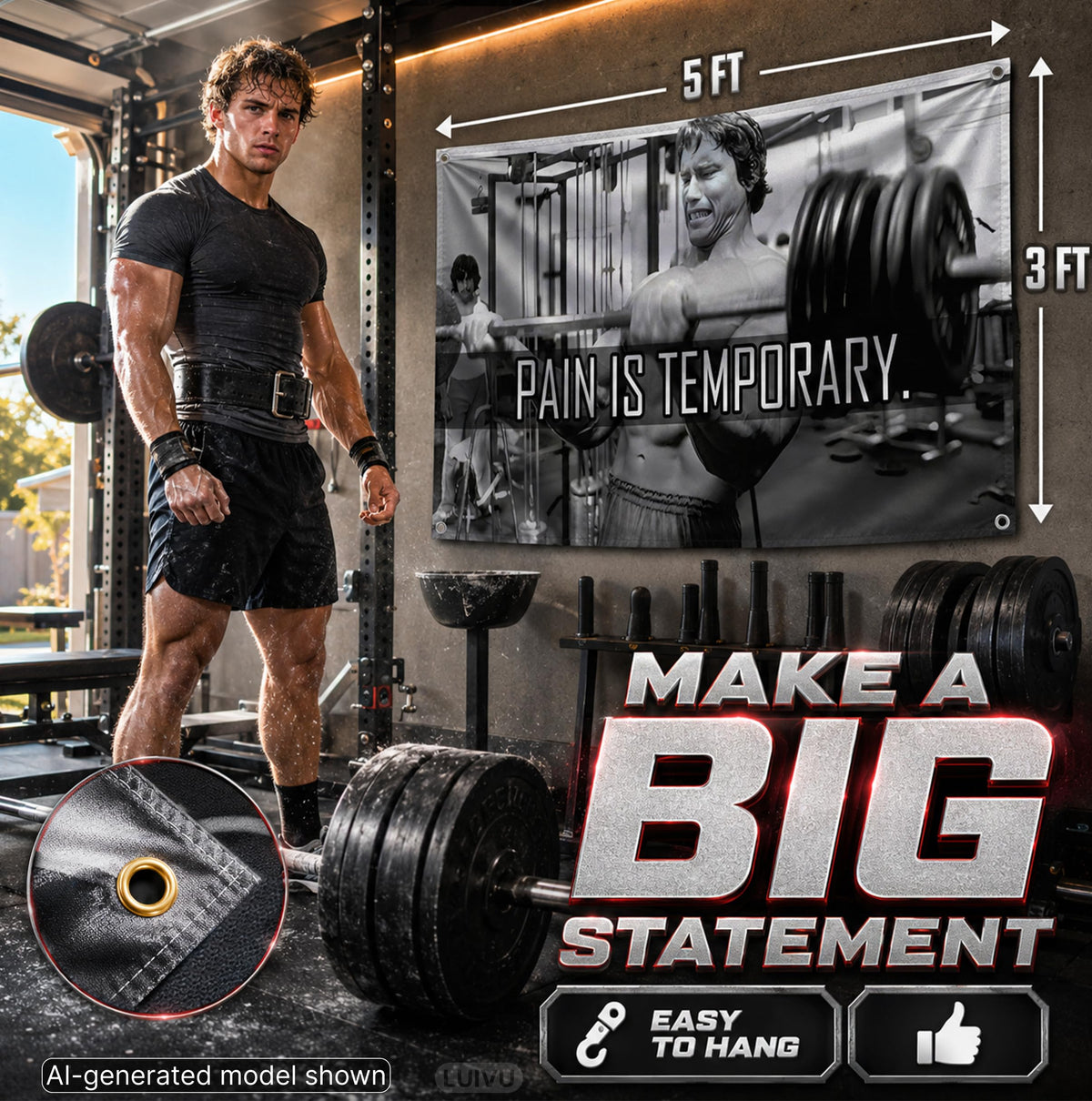 3x5 ft Schwarzenegger Pain Is Temporary Flag – Motivational Gym Banner