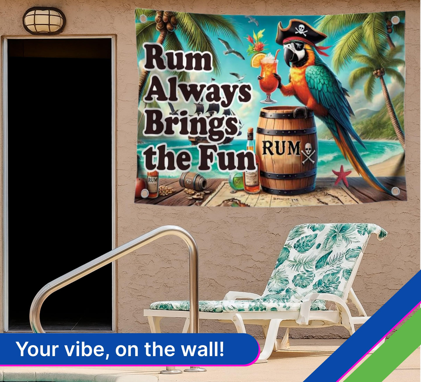 3x5 Feet Flag with 4 Brass Grommets - Tropical Pirate Parrot Flag - "Rum Always Brings Fun" Quote Design - Outdoor Banner for Summer