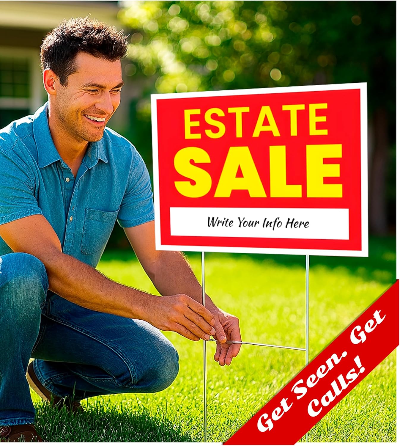 12x16 Inch 3X Double Sided Real Estate Sale Yard Sign - Estate Sale Arrows Plastic Signs with Metal H Stakes