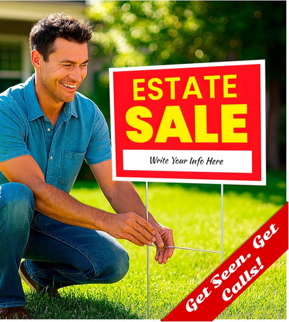 12x16 Inch 3X Double Sided Real Estate Sale Yard Sign - Estate Sale Arrows Plastic Signs with Metal H Stakes