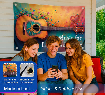 3x5 Ft Guitar Single Sided Flag "Music for Love and Peace" with 4 Brass Grommets - Musical Polyester Banner with Flower and Heart for Wall Decoration