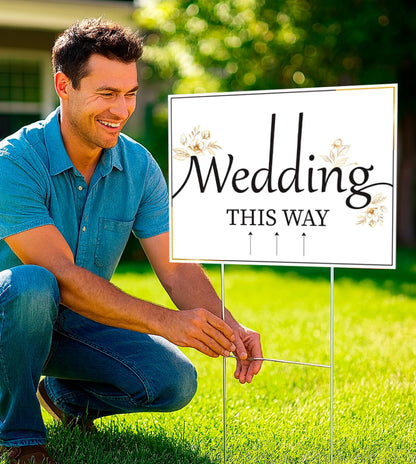 ULVEOL 12x16 inch Pack of 3 Wedding Direction Arrow Signs - Classic White Plastic Wedding Signs with H Stakes - Double-Sided Printed Arrows