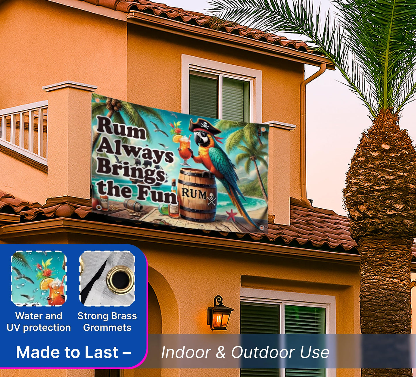 3x5 Feet Flag with 4 Brass Grommets - Tropical Pirate Parrot Flag - "Rum Always Brings Fun" Quote Design - Outdoor Banner for Summer