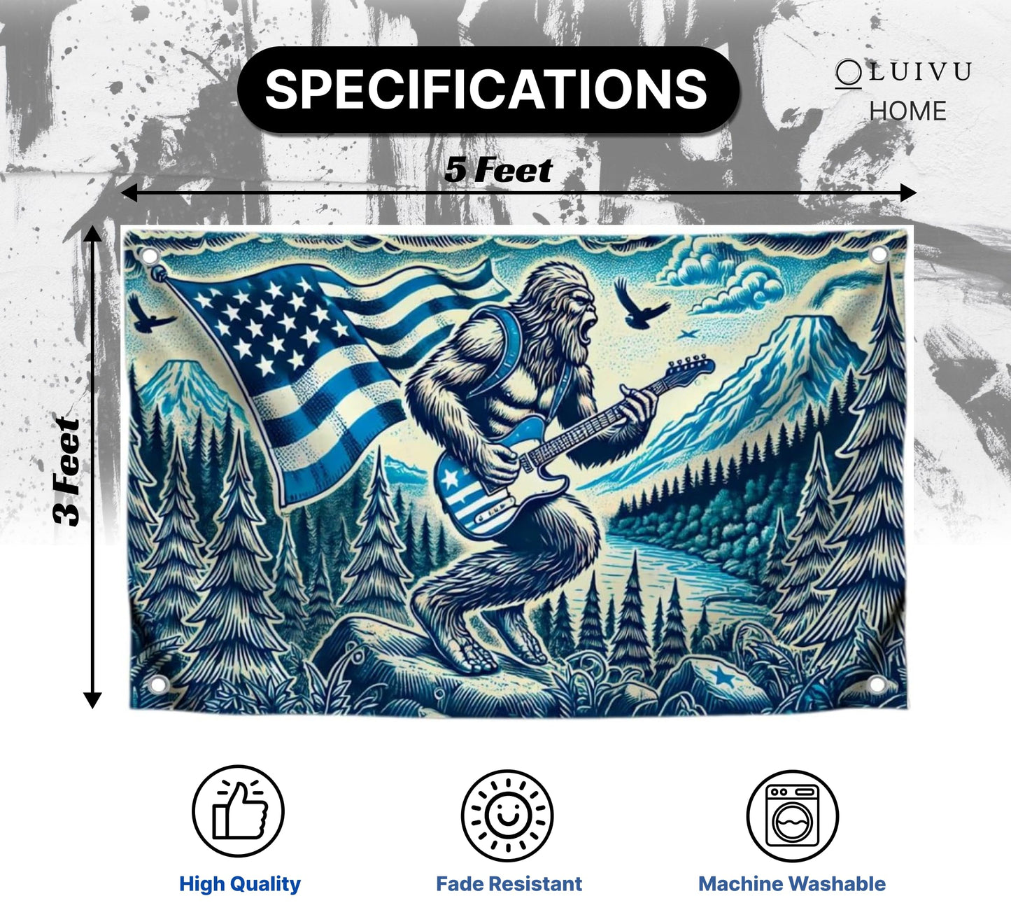3x5 Ft Single Sided American Bigfoot Polyester Flag with 4 Brass Grommets - USA Decoration Musical Banner for Seasonal Outside or Outdoor