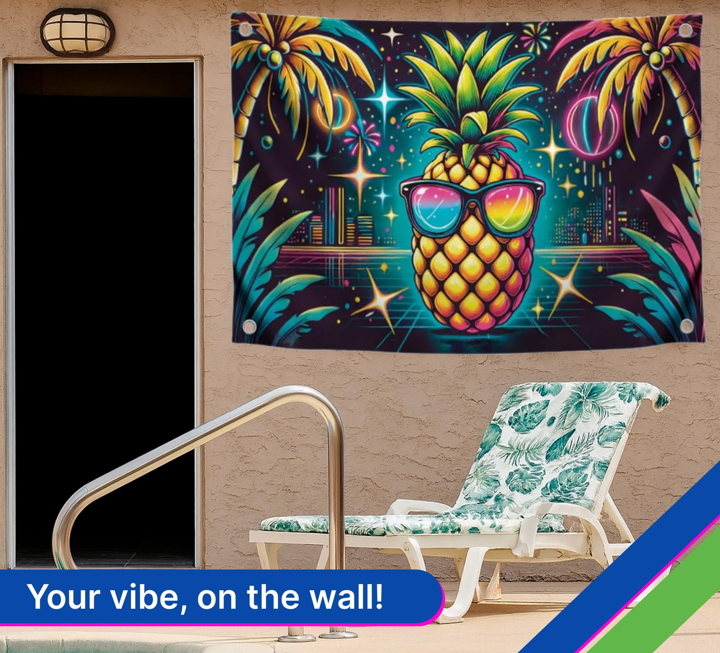3x5 Feet Single Sided Flag with Four Brass Grommets - Neon Pineapple with Sunglasses - Tropical Night City Polyester Banner - Party Flag