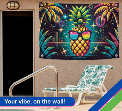 3x5 Feet Single Sided Flag with Four Brass Grommets - Neon Pineapple with Sunglasses - Tropical Night City Polyester Banner - Party Flag