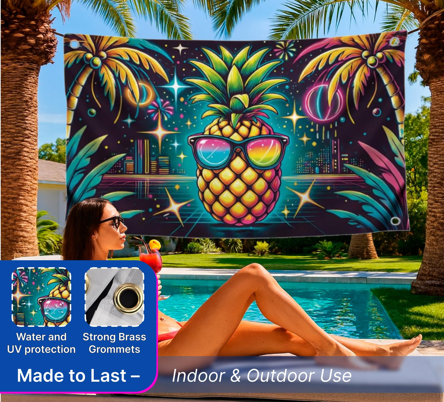 3x5 Feet Single Sided Flag with Four Brass Grommets - Neon Pineapple with Sunglasses - Tropical Night City Polyester Banner - Party Flag