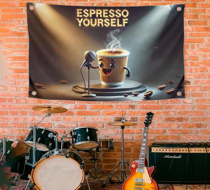 3x5 Feet Coffee Break Flag with Quotes with 4 Brass Grommets - Song Banner Espresso Yourself for Wall Decoration - Musical Single Sided Flag