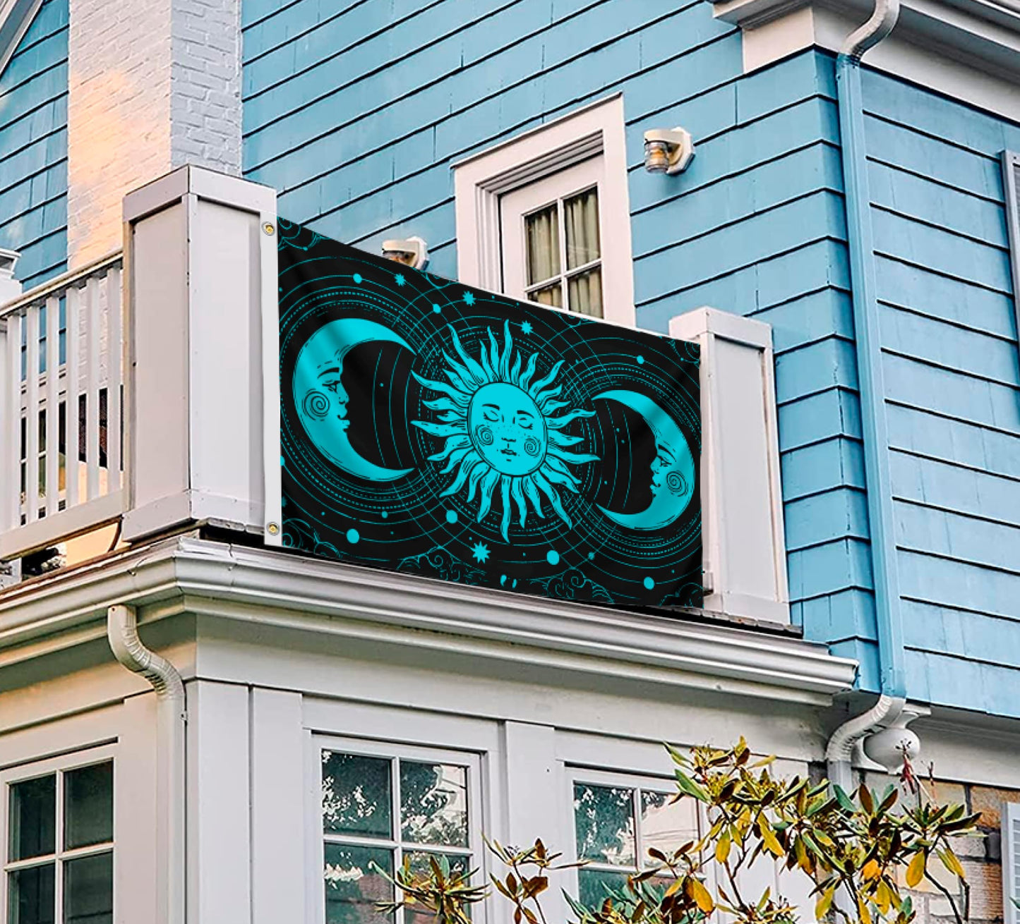3x5 Feet Feet Sun and Moon Celestial Hippie Black Art Polyester Flags with 2 Grommets - Spring Summer Holiday Garden Decor for Outside or Inside