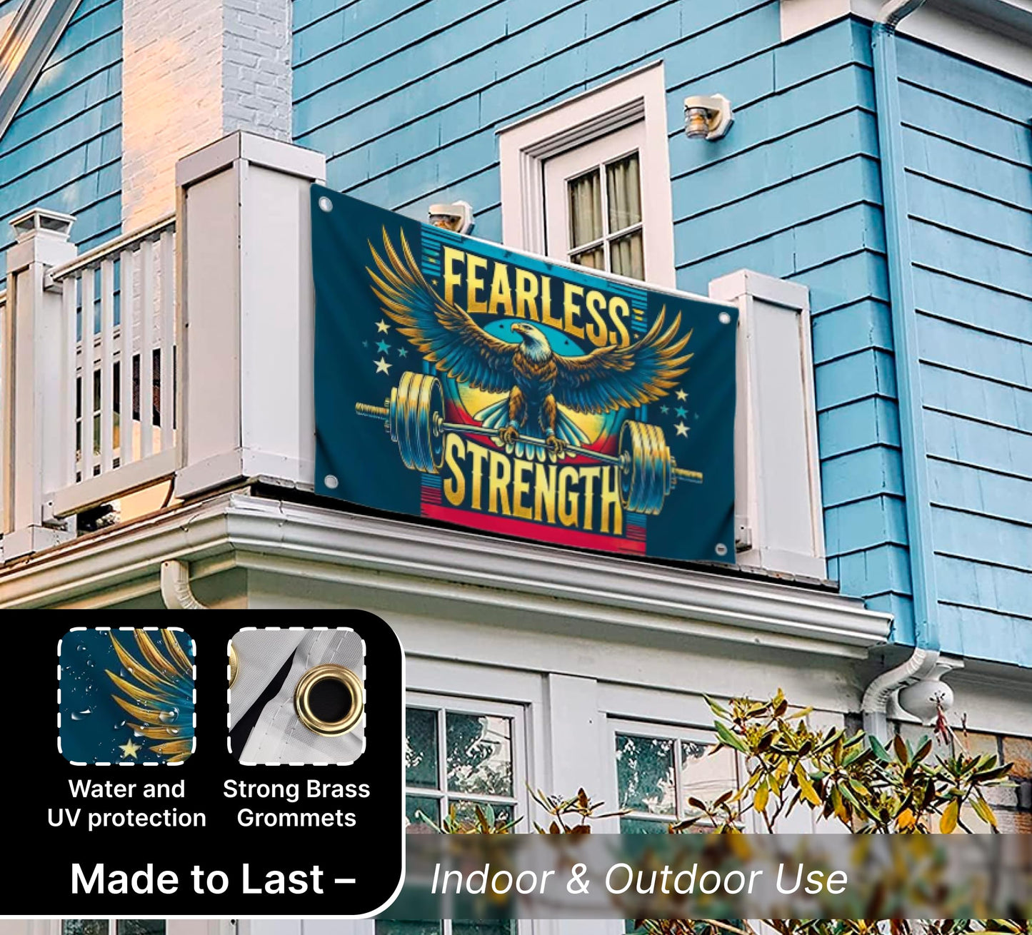 3x5 Ft Motivation Gym Single Sided Flag with Quote Fearless Strength with 4 Brass Grommets - Eagle Inspirational Polyester Banner for Wall Decoration