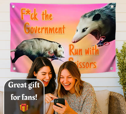 3x5 Ft Single Sided Polyester Flag with 4 Brass Grommets "F*ck The Government Run With Scissors" Meme Banner for College Dorm Boys