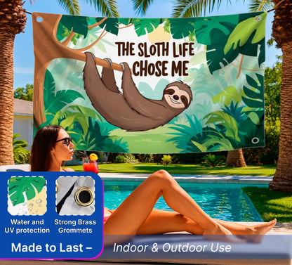 3x5 Feet Funny Animals Flag "The Sloth Life Chose Me" with 4 Brass Grommets - Banner Depicting a Sloth Hanging From a Tree in The Jungle