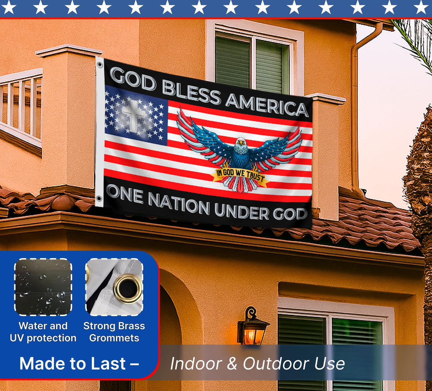 3x5 Feet One Nation Under Flag with 2 Grommets - Bless America Single Sided Flags With Eagles - Easter Flags for 4th of July