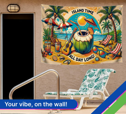 3x5 Feet Single Sided Flag with 4 Brass Grommets - Island Dream Flag - Sun and Ocean View - Quote on the Poster "Island Time All Day Long"