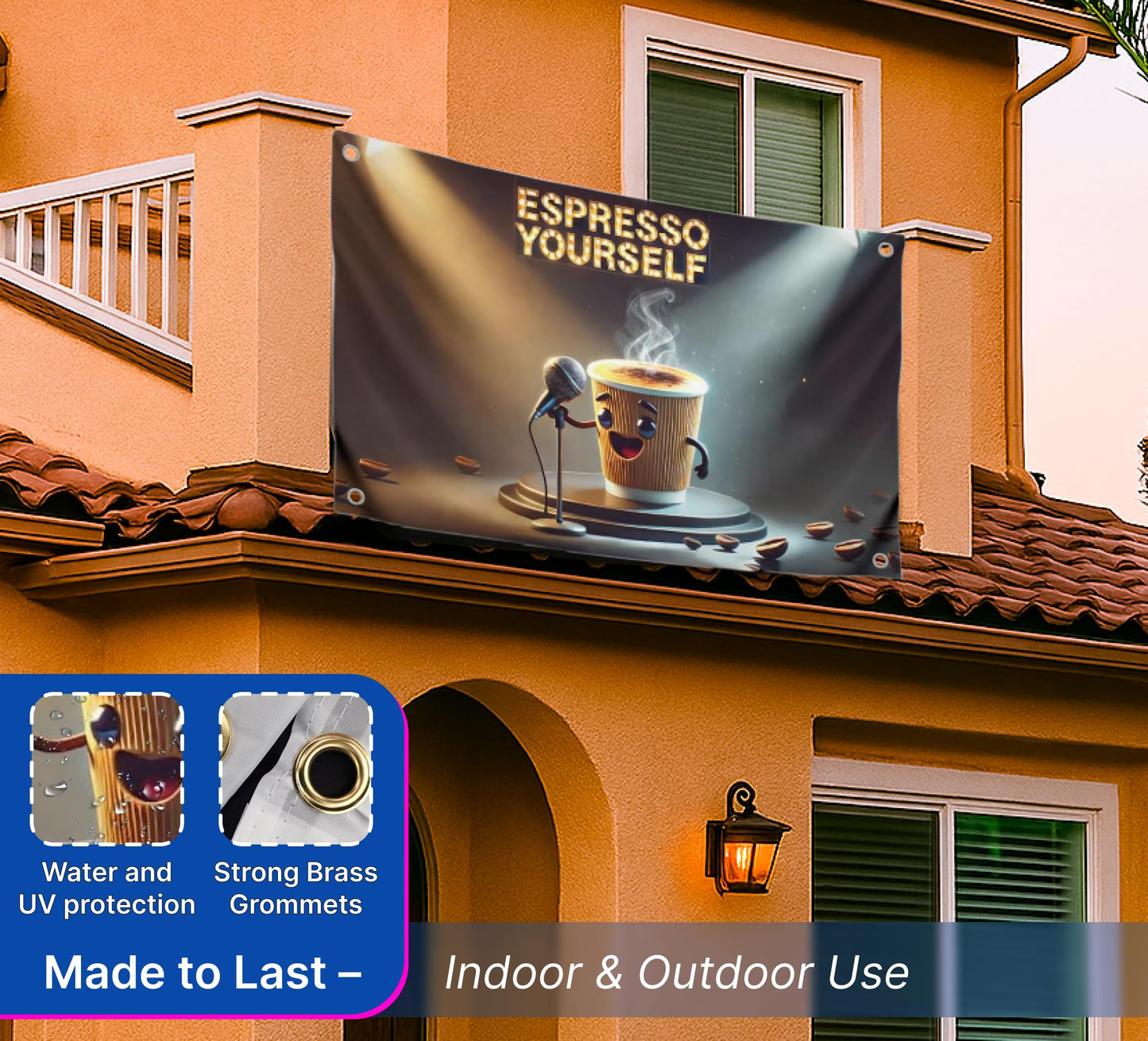 3x5 Feet Coffee Break Flag with Quotes with 4 Brass Grommets - Song Banner Espresso Yourself for Wall Decoration - Musical Single Sided Flag