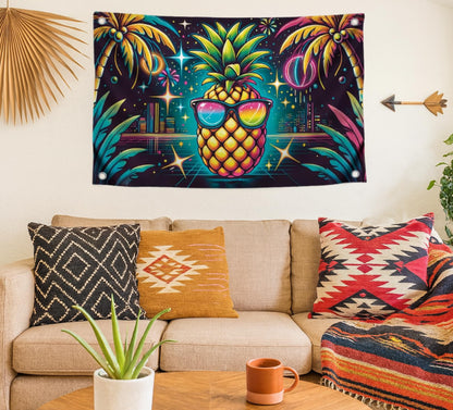 3x5 Feet Single Sided Flag with Four Brass Grommets - Neon Pineapple with Sunglasses - Tropical Night City Polyester Banner - Party Flag