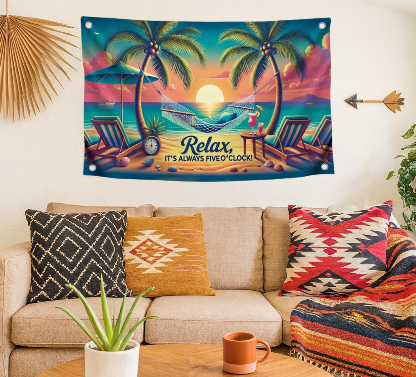 3x5 Ft Single Sided Flag with 4 Brass Grommets - "Relax It's Always Five O'Clock" Relax Time - Hammock and Beach Scene - Tropical Sunset Polyester