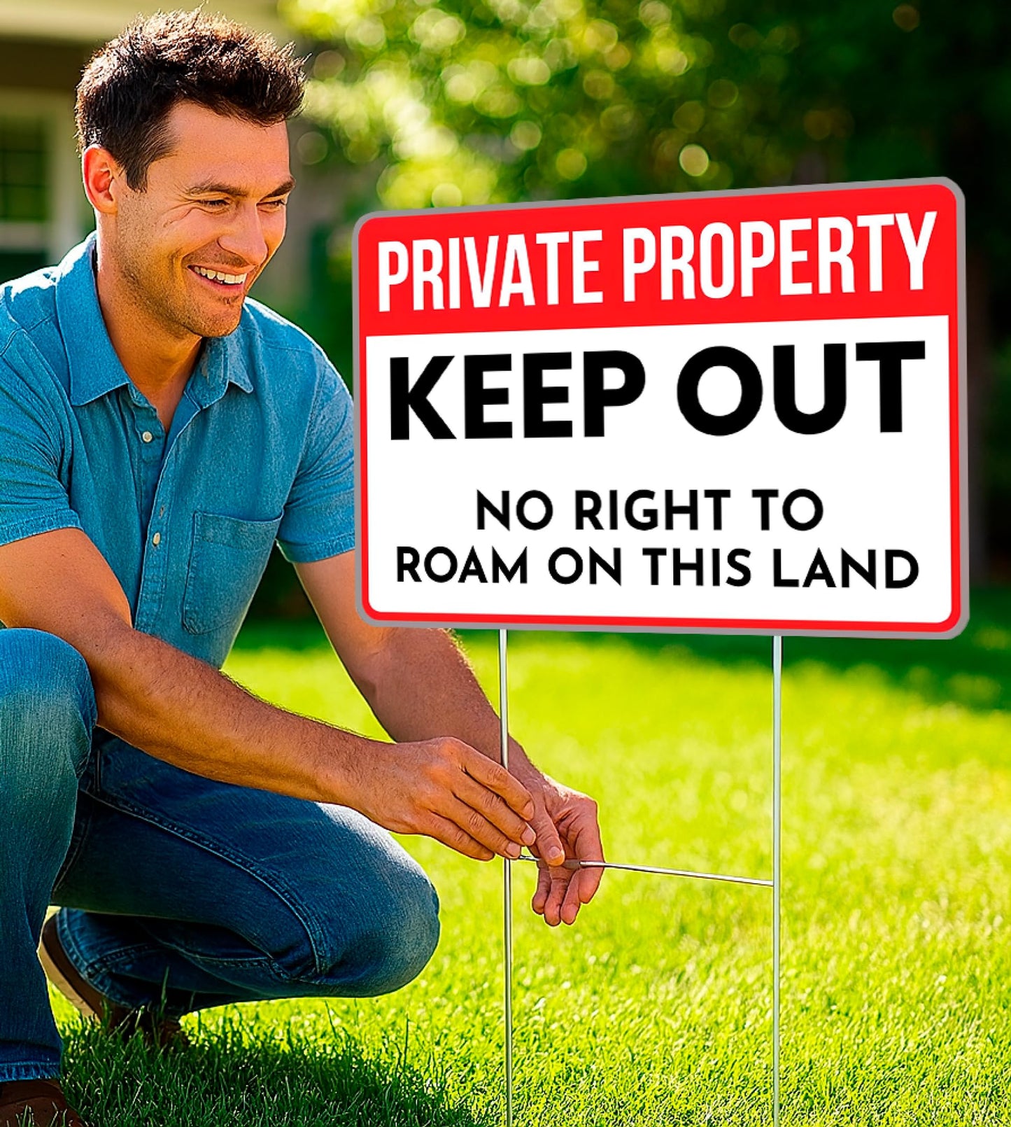 3X Private Property Plastic Sign with Stake - 12x8 Inches Keep Out Double Sided Signs - No Right to Roam On This Land - for Property Protection