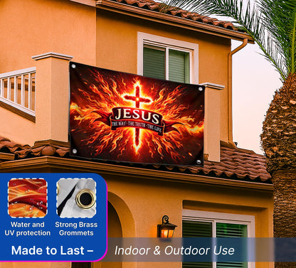 3x5 Feet Polyester Flag Cross in Fire "The Way Me Truth, The Life" with 4 Brass Grommets - Decorations God Banner for Room. American Flags for Outside