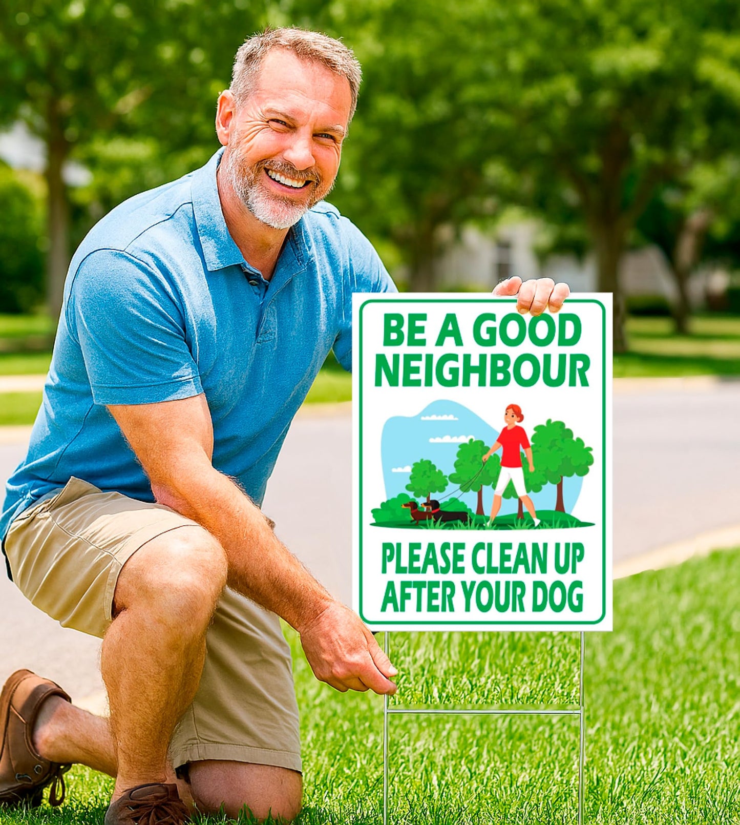 12х8 inch 3X Plastic Sign Clean Up After Your Dog with Metal Wire H-Stakes - Be a Good Neighbor Double Sided Signs Clean Up After Your Pet