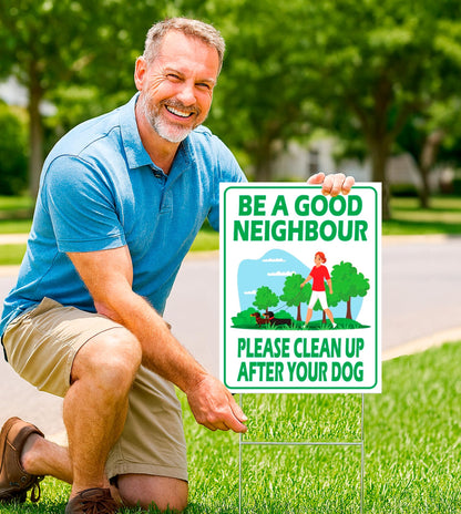 12х8 inch 3X Plastic Sign Clean Up After Your Dog with Metal Wire H-Stakes - Be a Good Neighbor Double Sided Signs Clean Up After Your Pet