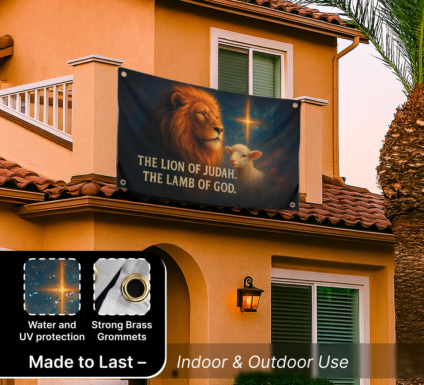 3x5 Feet Flag with Animals and Bible Quote "The Lion. The Lamb Of God" with Four Brass Grommets - Polyester Durable Banners for Wall Decoration