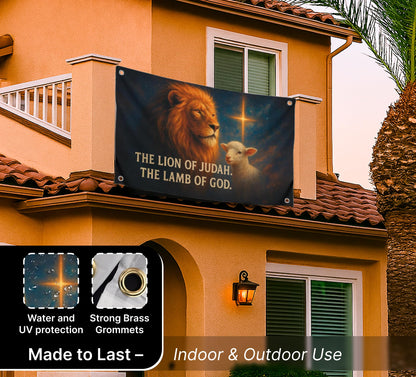 3x5 Feet Flag with Animals and Bible Quote "The Lion. The Lamb Of God" with Four Brass Grommets - Polyester Durable Banners for Wall Decoration