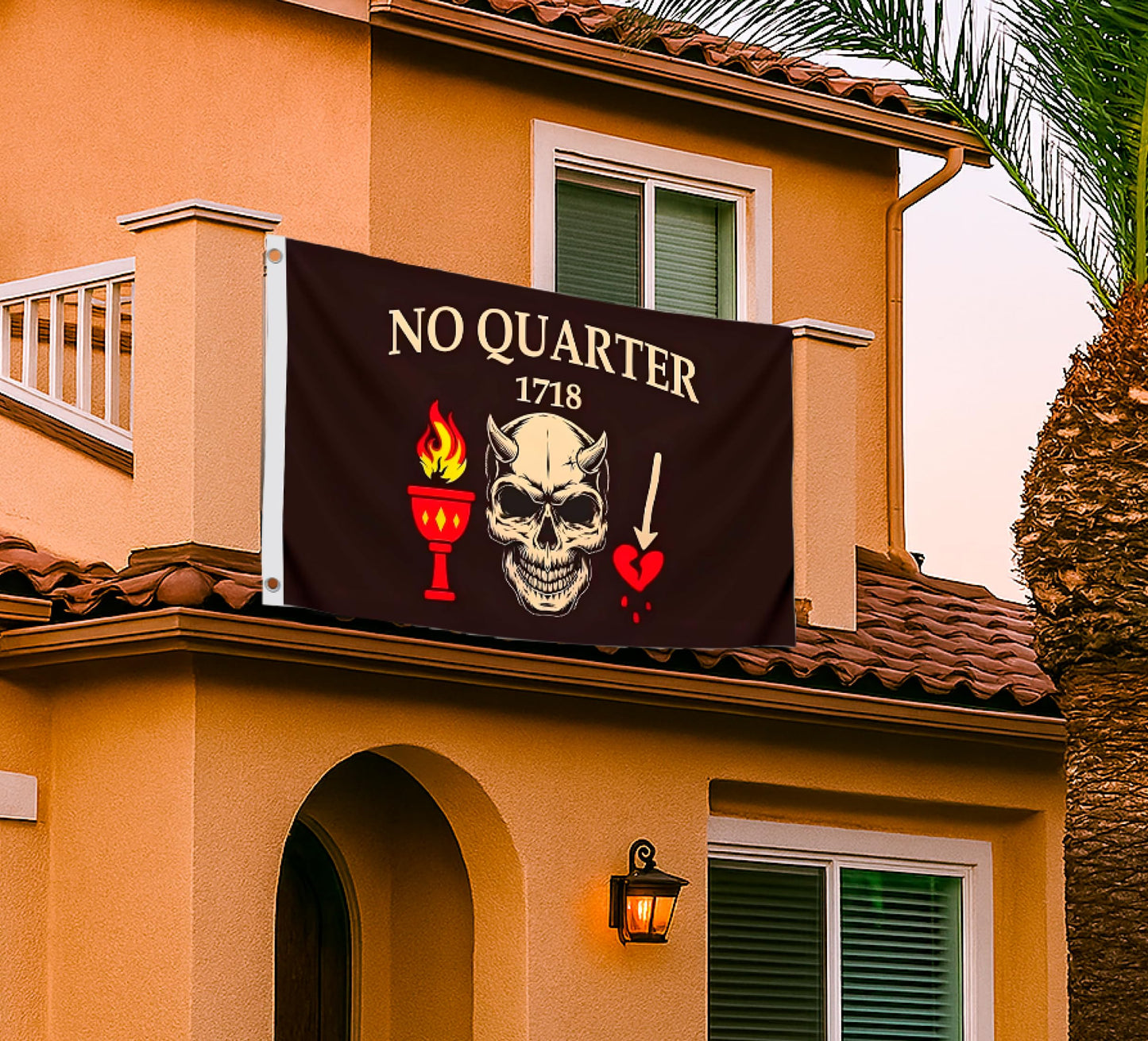 3x5 Ft Pirate No Quarter No Mercy Polyester Flag - Resistant for Outdoor House Room - Single Sided Pirate Skull Stick Flag with 2 Grommets