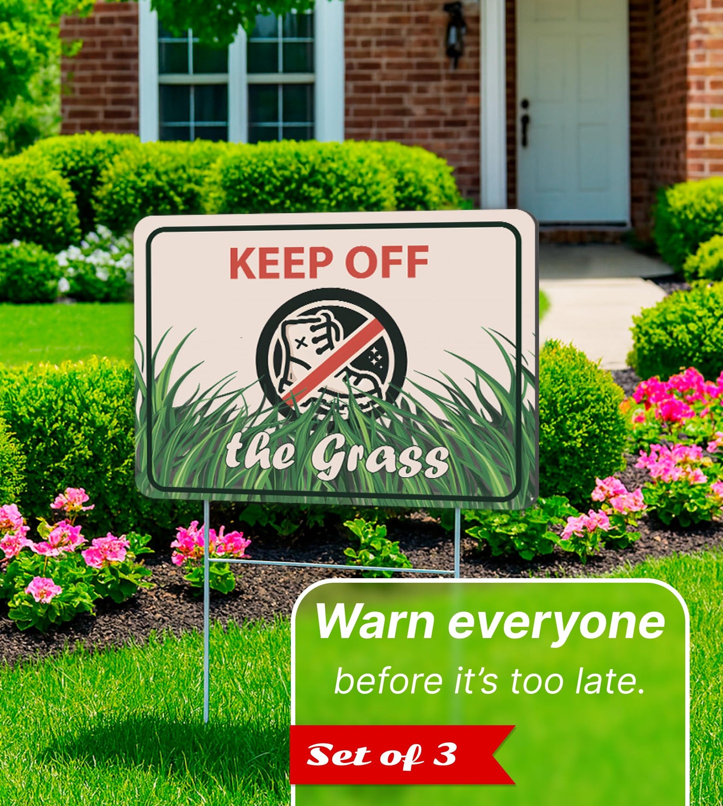 Set of 3 Double Sided 12x8 Inches Plastic Sign With H-Stakes "KEEP OFF the Grass" - Signs do not Walk on the Garden in the Yard