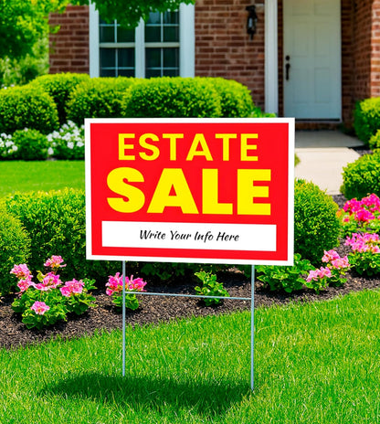 12x16 Inch 3X Double Sided Real Estate Sale Yard Sign - Estate Sale Arrows Plastic Signs with Metal H Stakes