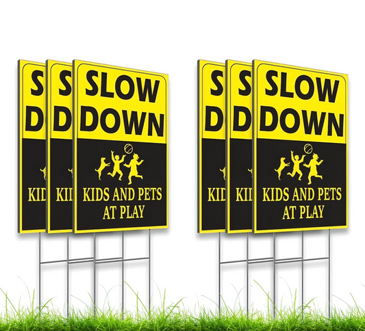 6 Pack 8x12 inch Double Sided Please Slow Down Kids and Pets at Play Yard Plastic Signs with Metal Wire H-Stakes