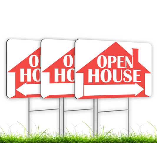 3X Double Sided 12x16 Inches Plastic Sign With H-Stakes "Open House"