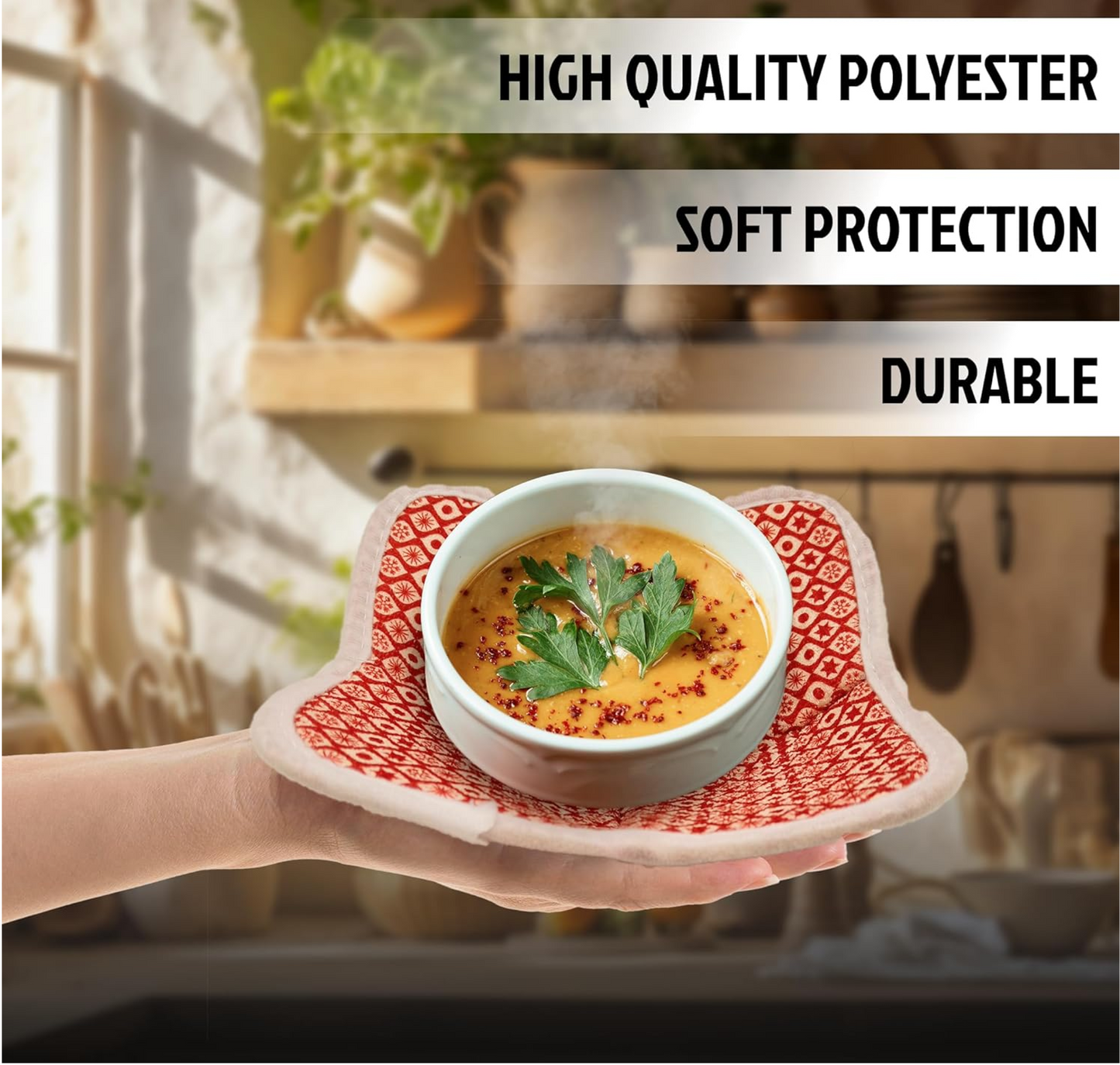 ULVEOL Set of 2 Microwave Bowl 4x7x7 Inch Polyester Cloth Hot Pads with Red Pattern