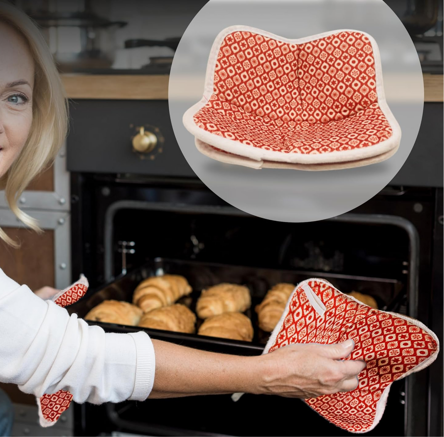 ULVEOL Set of 2 Microwave Bowl 4x7x7 Inch Polyester Cloth Hot Pads with Red Pattern